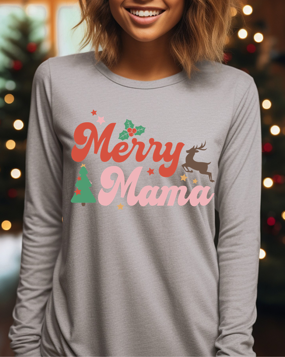 Merry Mama Christmas Adult Long Sleeve Tee
