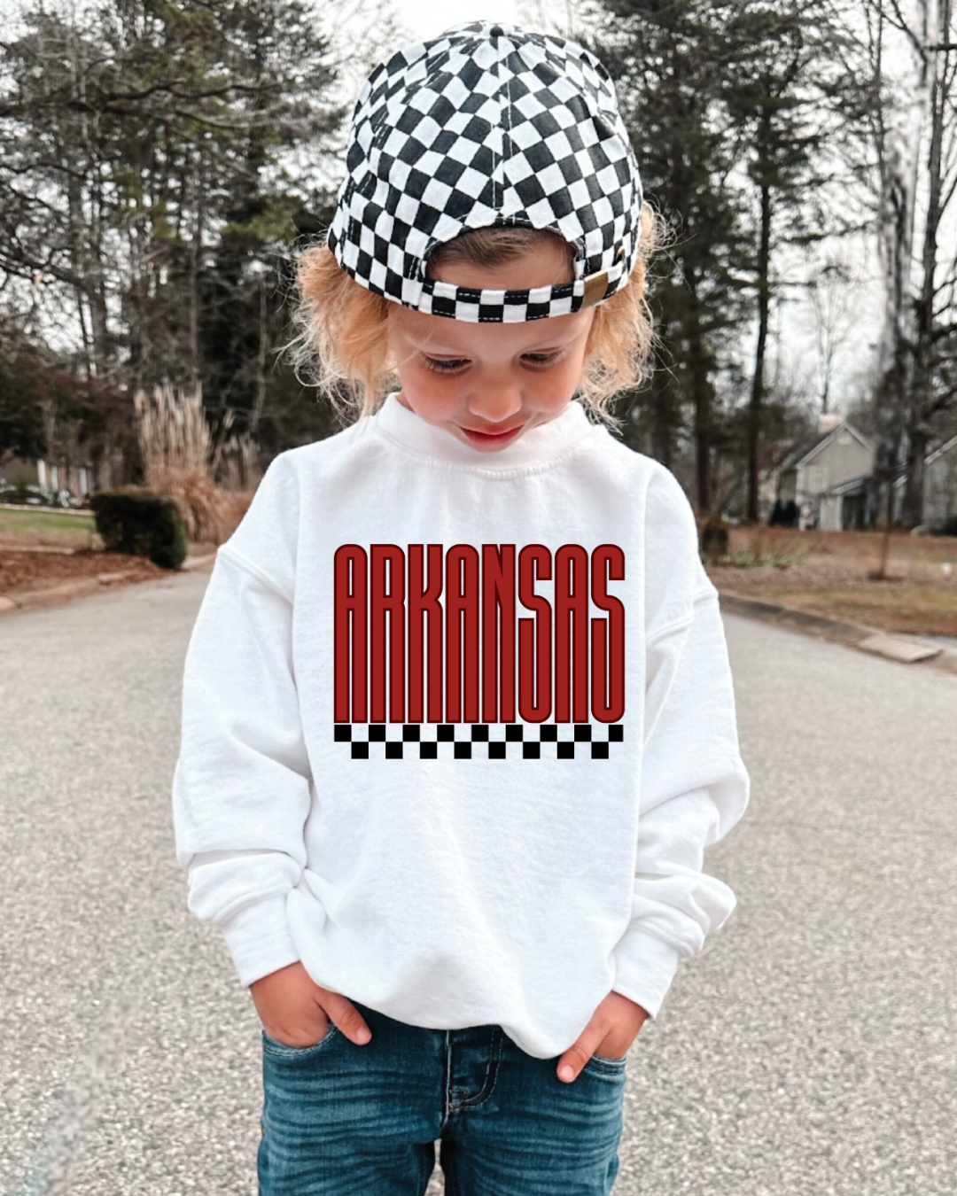 Arkansas Large Print Checkered Youth Graphic Sweatshirt