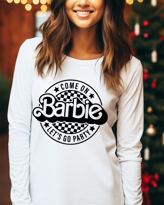Barbie Lets Go Party Logo Adult Long Sleeve Tee (Black)