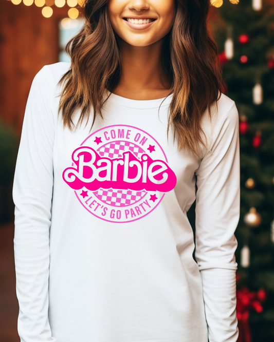Barbie Lets Go Party Logo Adult Long Sleeve Tee (Pink)