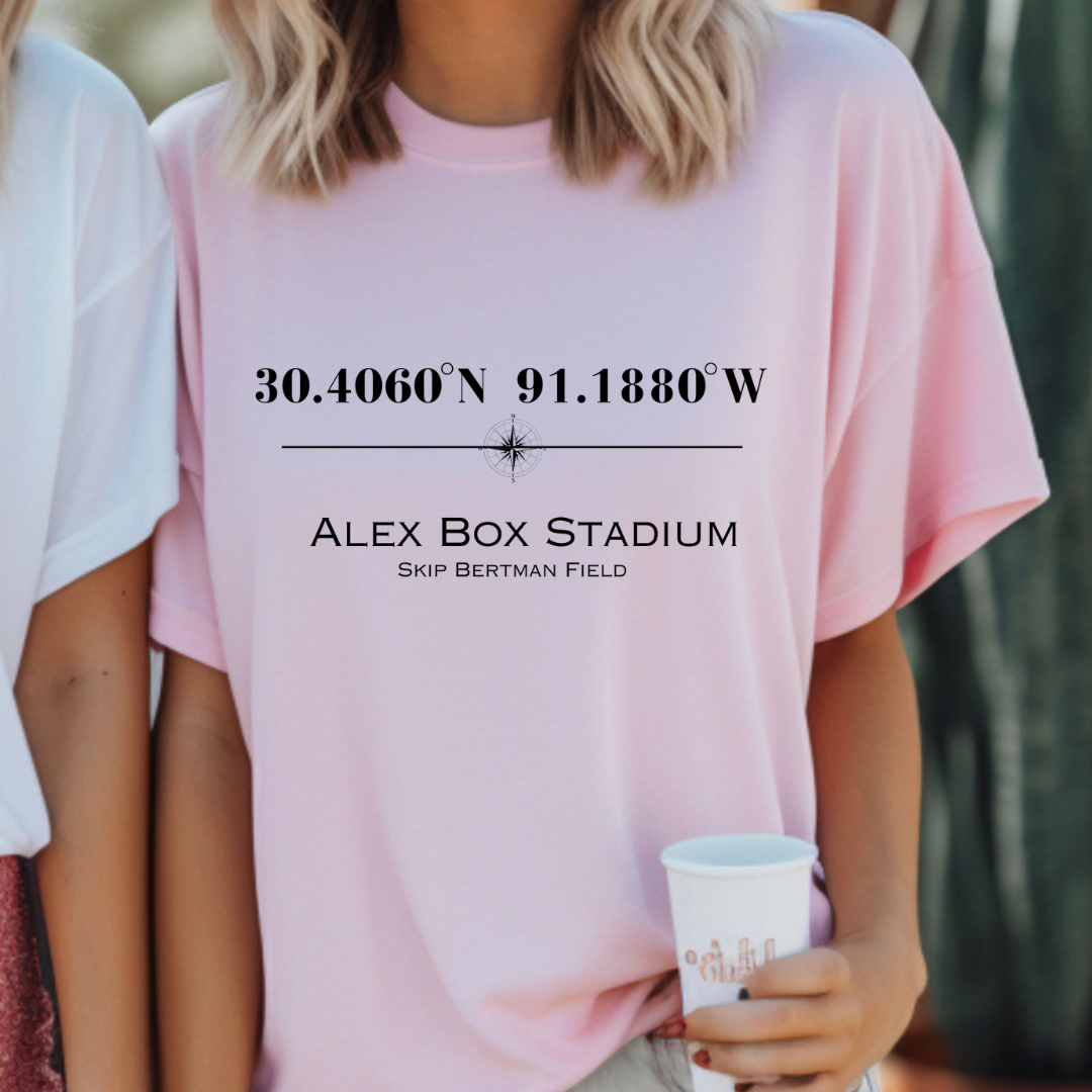 Alex Box Skip Bertman Stadium Coordinates Louisiana Baseball Adult Tee (Black)