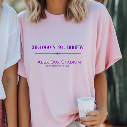 Alex Box Skip Bertman Stadium Coordinates Louisiana Baseball Adult Tee (Purple)