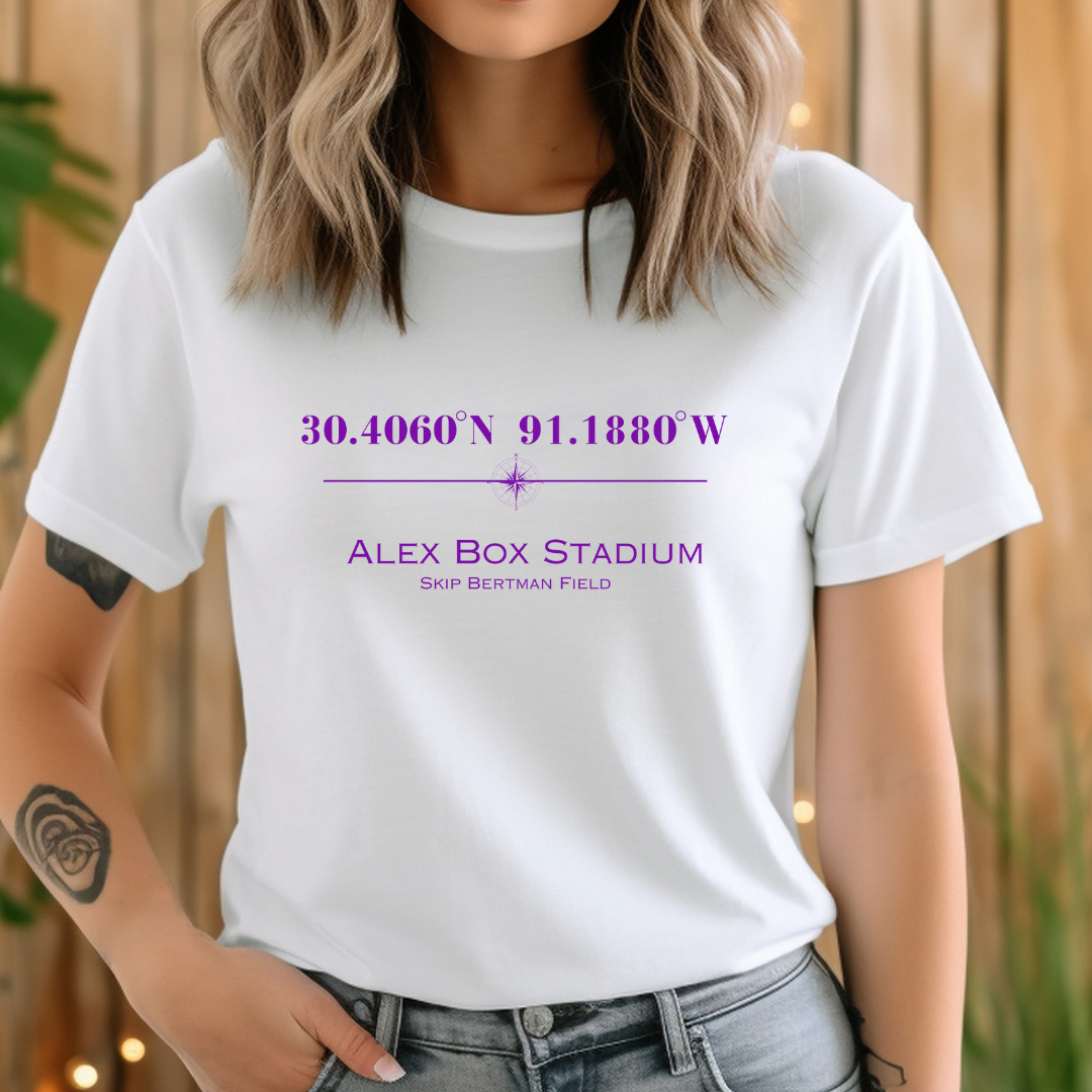 Alex Box Skip Bertman Stadium Coordinates Louisiana Baseball Adult Tee (Purple)