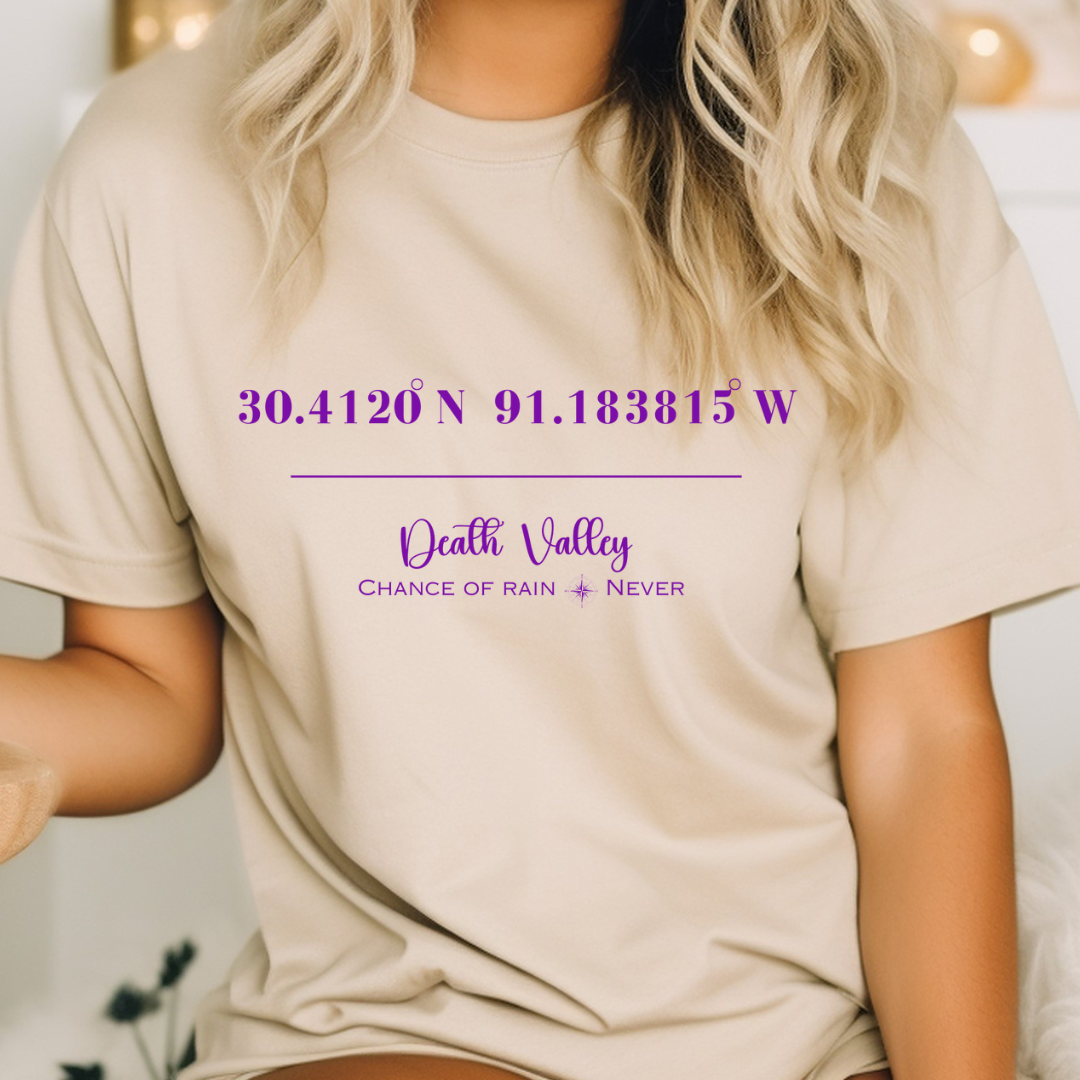 Death Valley LSU Tiger Stadium Coordinates Louisiana Football Adult Tee (Purple)