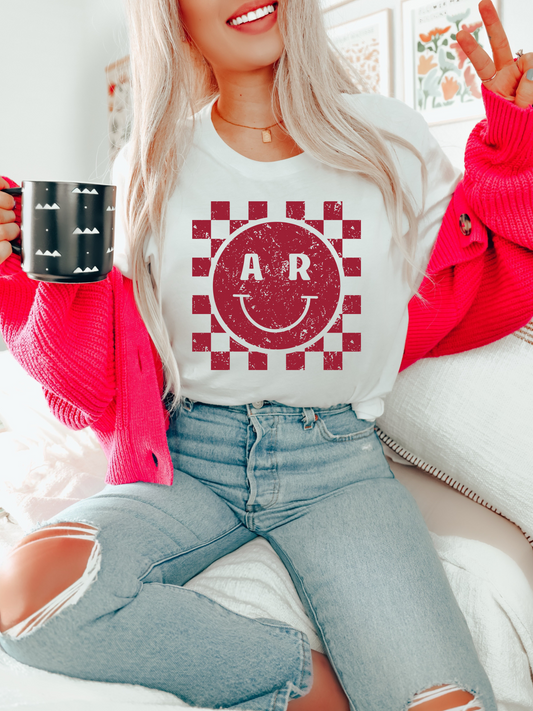 Arkansas Checkerboard Smiley Distressed Adult Graphic Tee