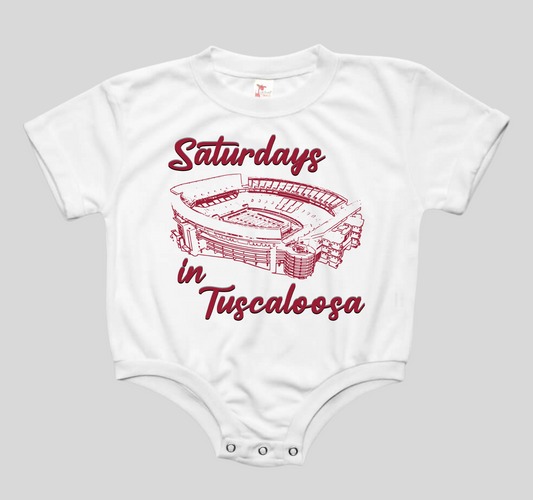 Saturday's In Tuscaloosa Baby Bubble Romper Tee Shirt (RED)