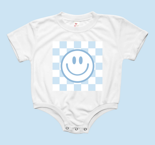 Blue Checkered Smiley Baby Bubble Tee Shirt Romper
