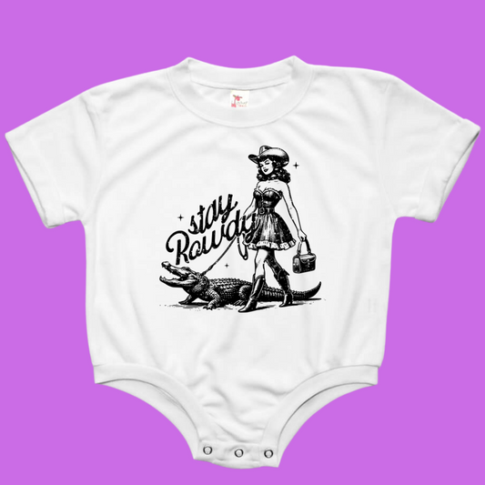 Stay Rowdy Distressed Western Baby Bubble Romper