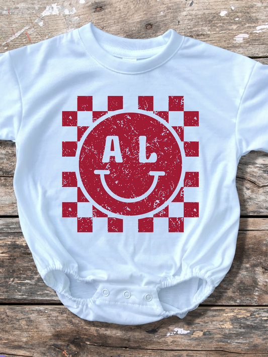 Alabama Checkerboard Smiley Distressed Baby Bubble Romper