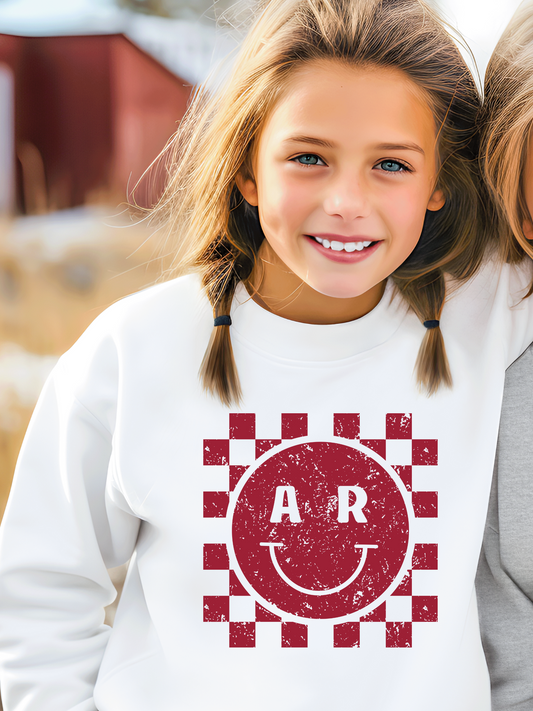 Arkansas Checkerboard Smiley Distressed Youth Graphic Sweatshirt