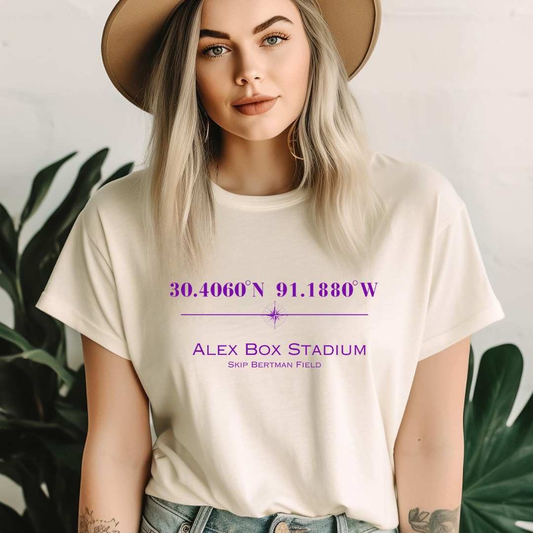 Alex Box Skip Bertman Stadium Coordinates Louisiana Baseball Adult Tee (Purple)
