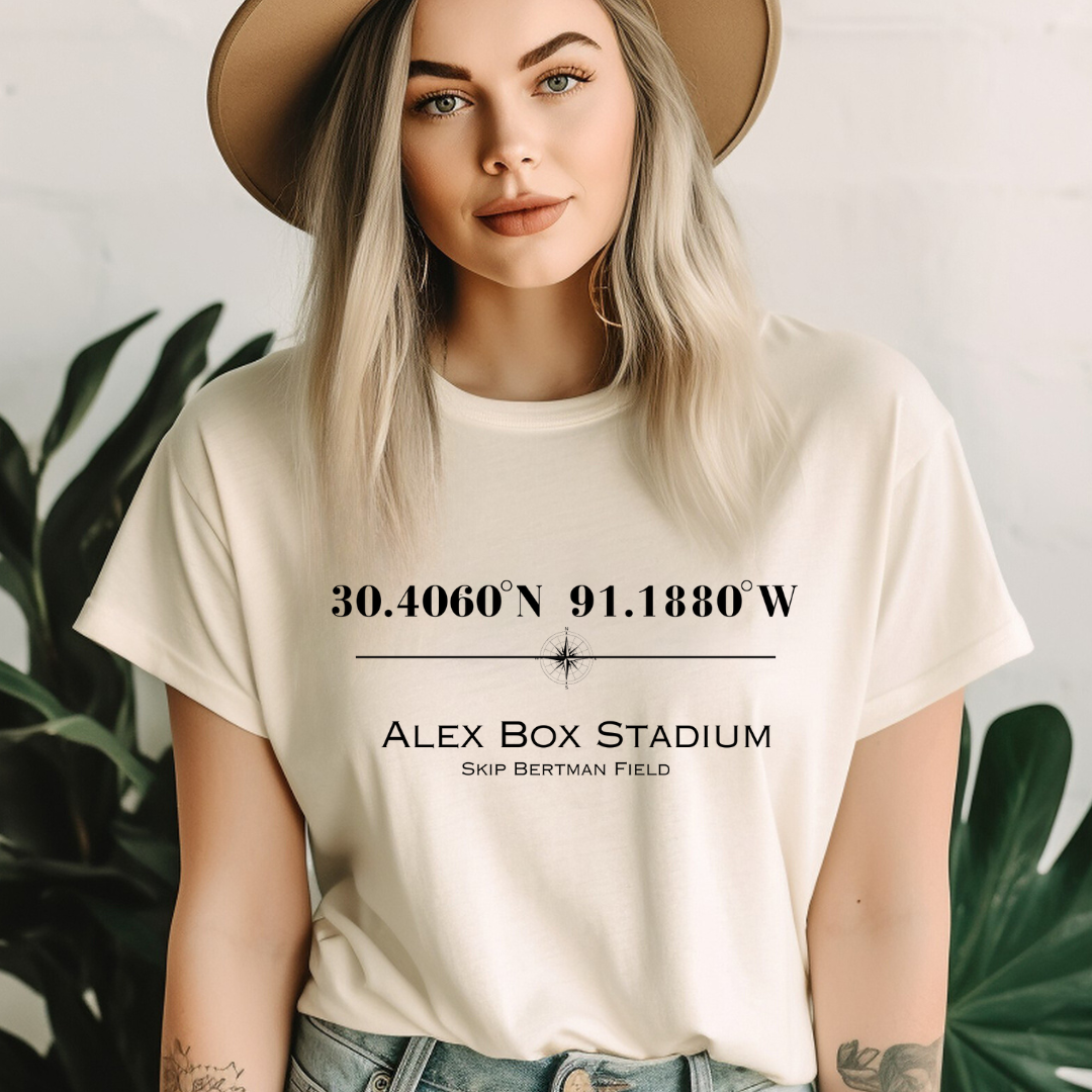 Alex Box Skip Bertman Stadium Coordinates Louisiana Baseball Adult Tee (Black)